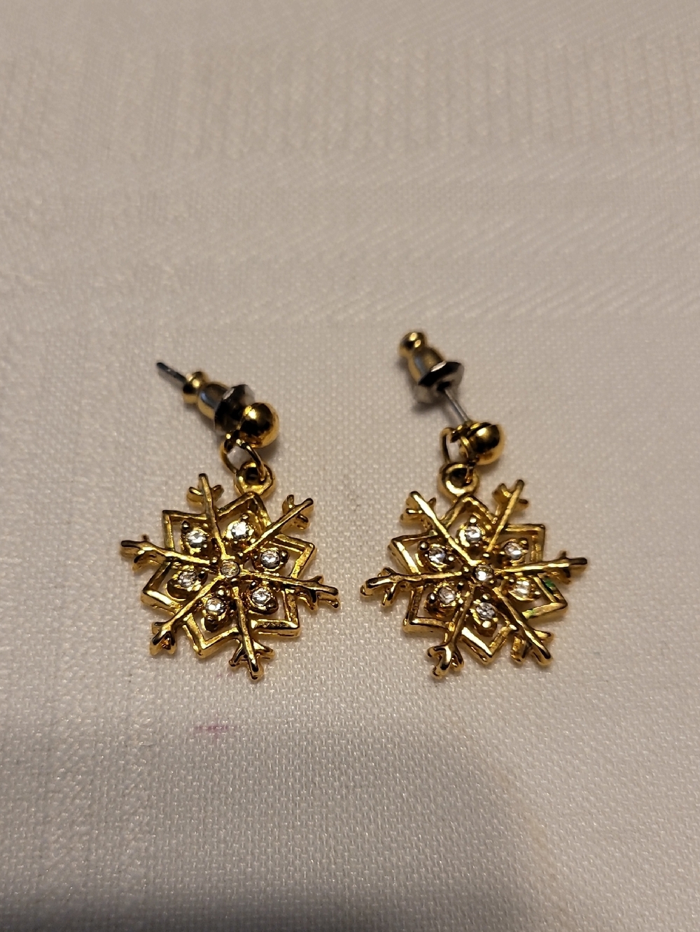 Earrings Gold Snowflake Dangles Rhinestones